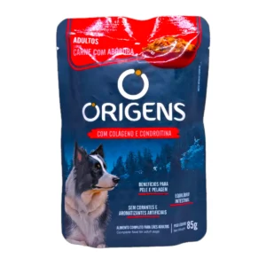 Sobre pouch de alimento húmedo Origens para perros adultos sabor Carne y Zapallo 85g, disponible en Súper Práctico Salto.