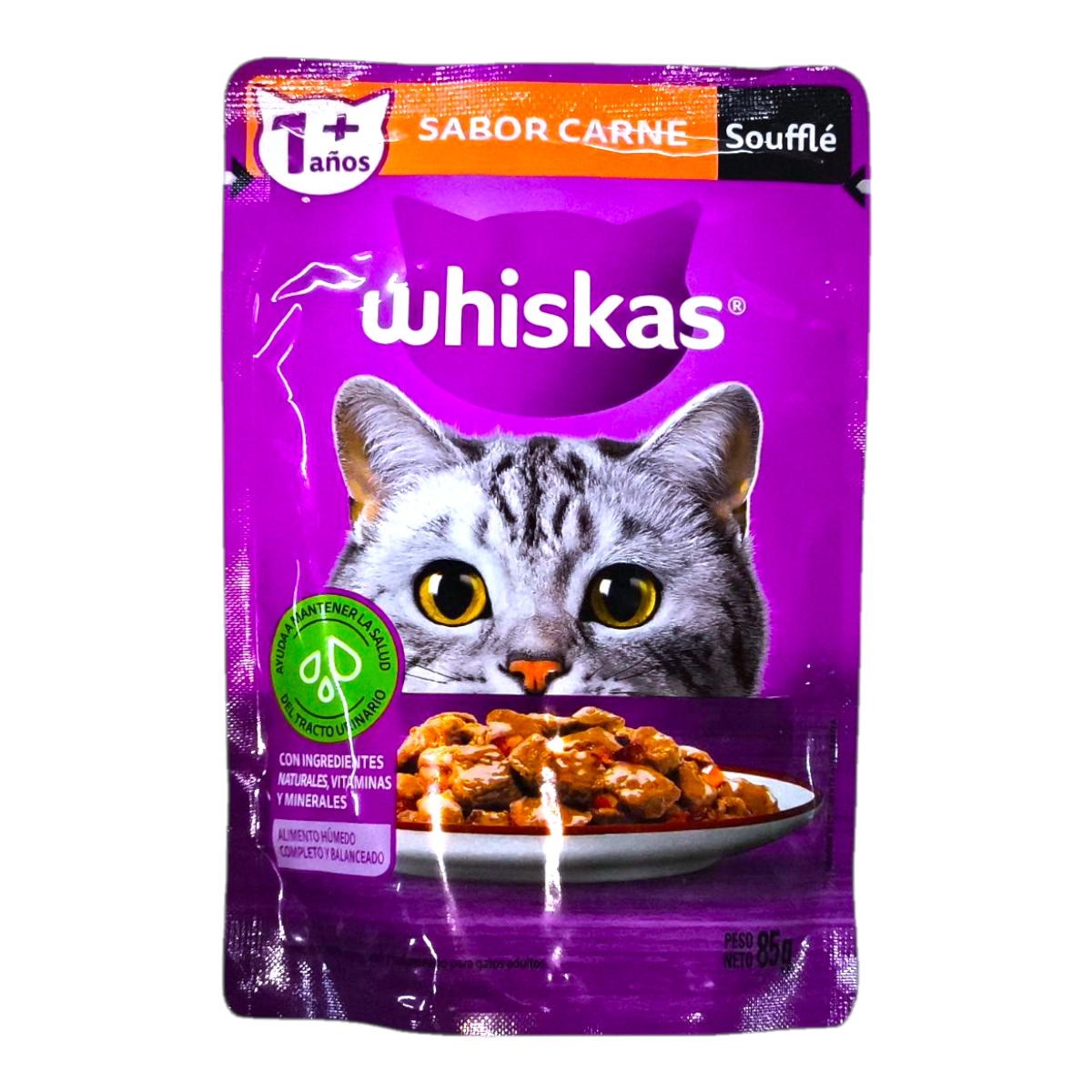 Sobre pouch de alimento húmedo Whiskas sabor Carne Soufflé 85g, disponible en Súper Práctico Salto.