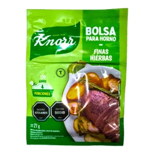 Empaque de sazonador Knorr Bolsa para Horno sabor Finas Hierbas 21g, disponible en Súper Práctico Salto.