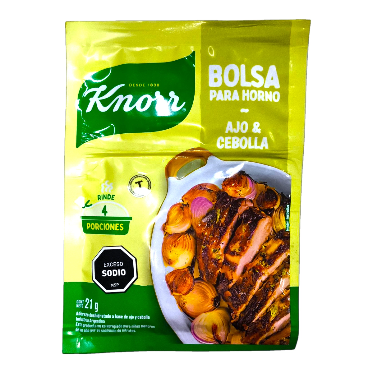 Empaque de sazonador Knorr Bolsa para Horno sabor Ajo y Cebolla, disponible en Súper Práctico Salto.