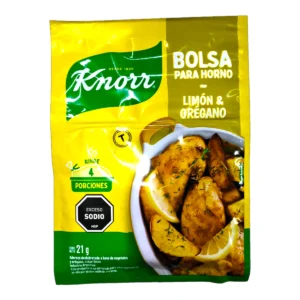 Empaque de sazonador Bolsa Para Horno Knorr Limón Y Orégano, ideal para pollo y pescado.