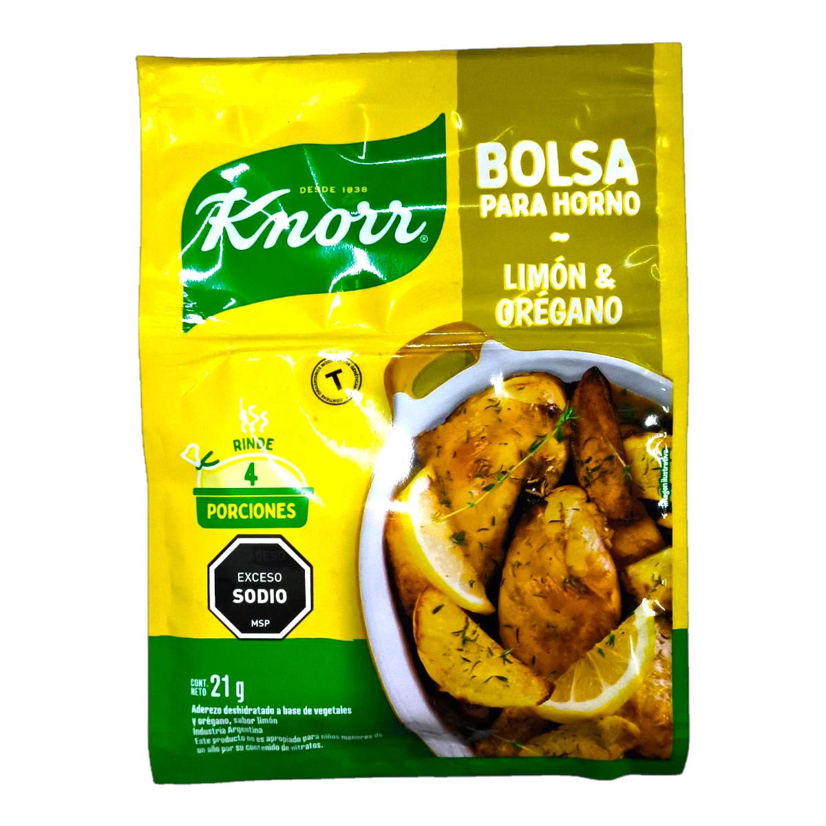 Empaque de sazonador Bolsa Para Horno Knorr Limón Y Orégano, ideal para pollo y pescado.