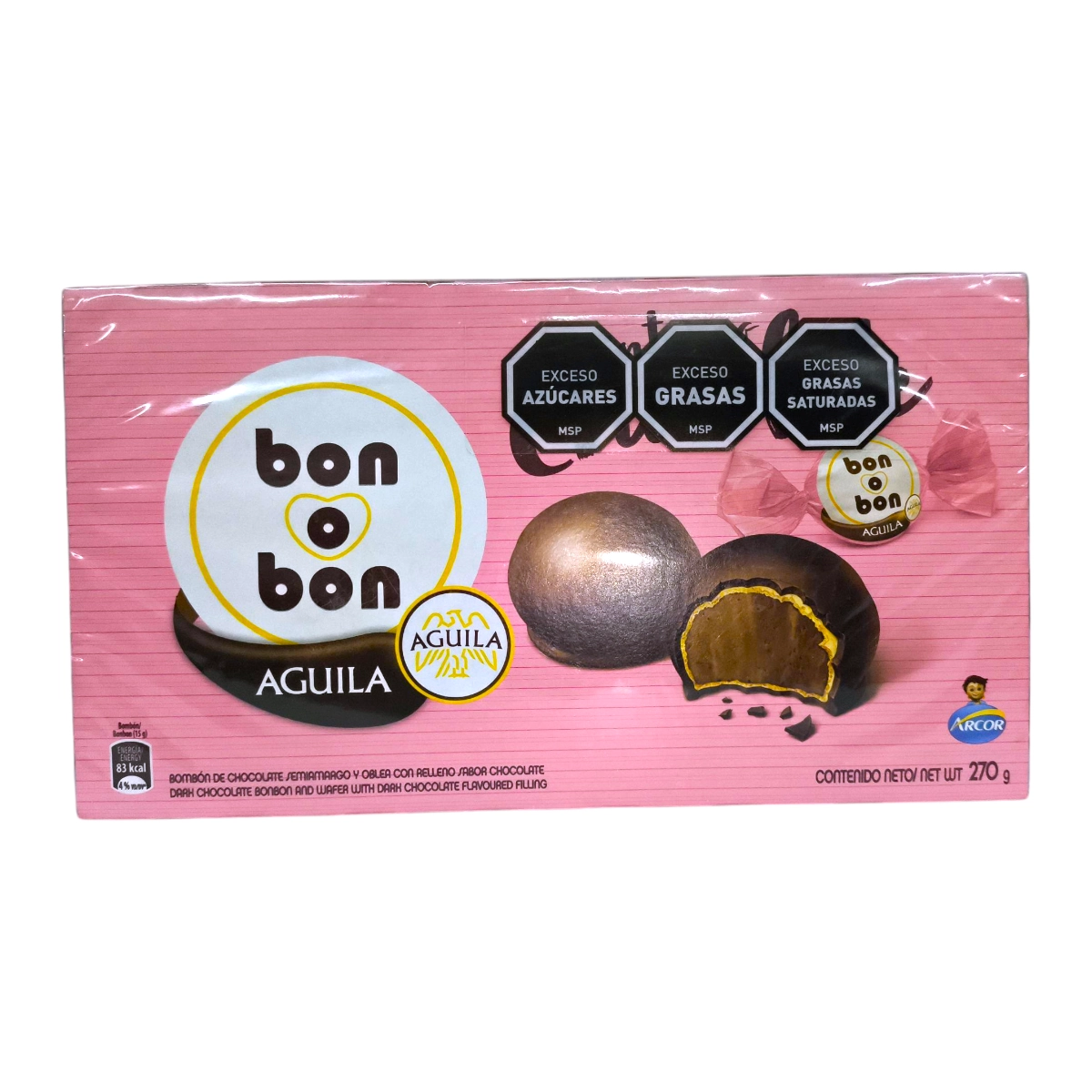 Caja bombonera ARCOR BON O BON 270g con 18 bombones cubiertos con chocolate semiamargo Águila.