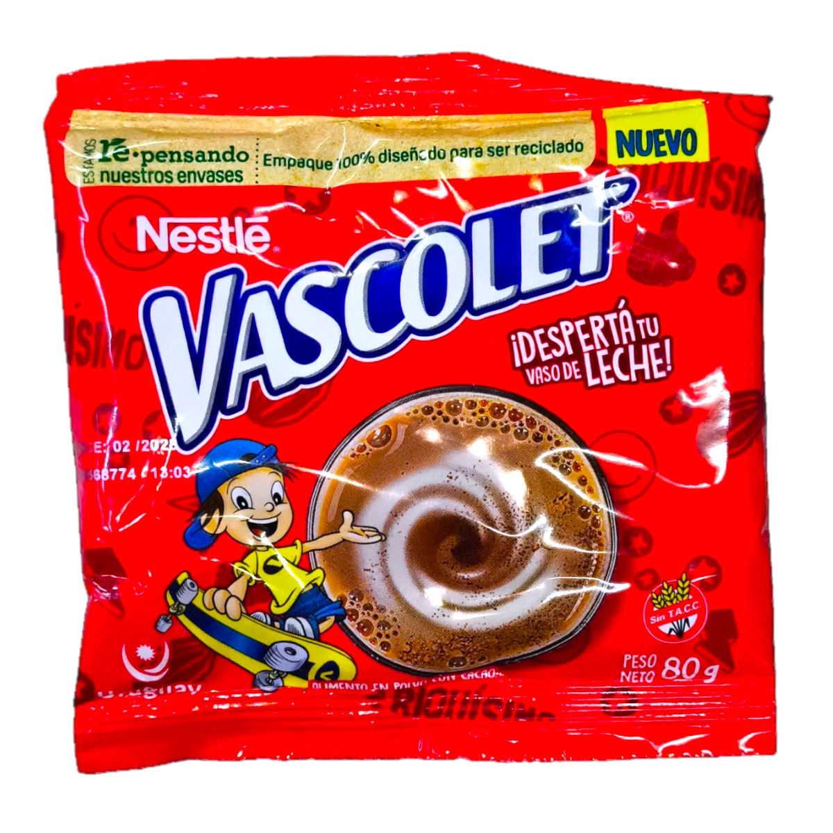 Paquete de Nestlé Vascolet de 80g, chocolate en polvo sin T.A.C.C