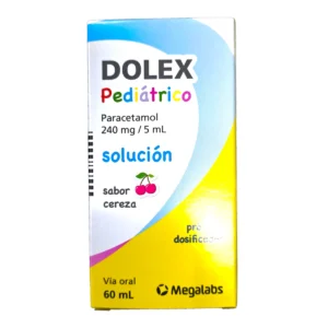 Frasco de Dolex Pediátrico 60ml, jarabe analgésico y febrífugo infantil.