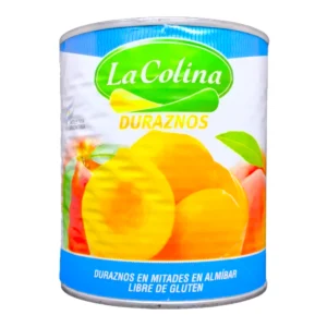 Duraznos en Almíbar LA COLINA 820g libre de gluten. Deliciosas mitades de fruta para postres con sabor único.