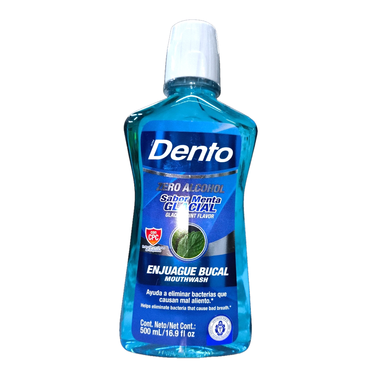 Botella de Enjuague Bucal DENTO 500mL Menta Glacial, ideal para protección dental.