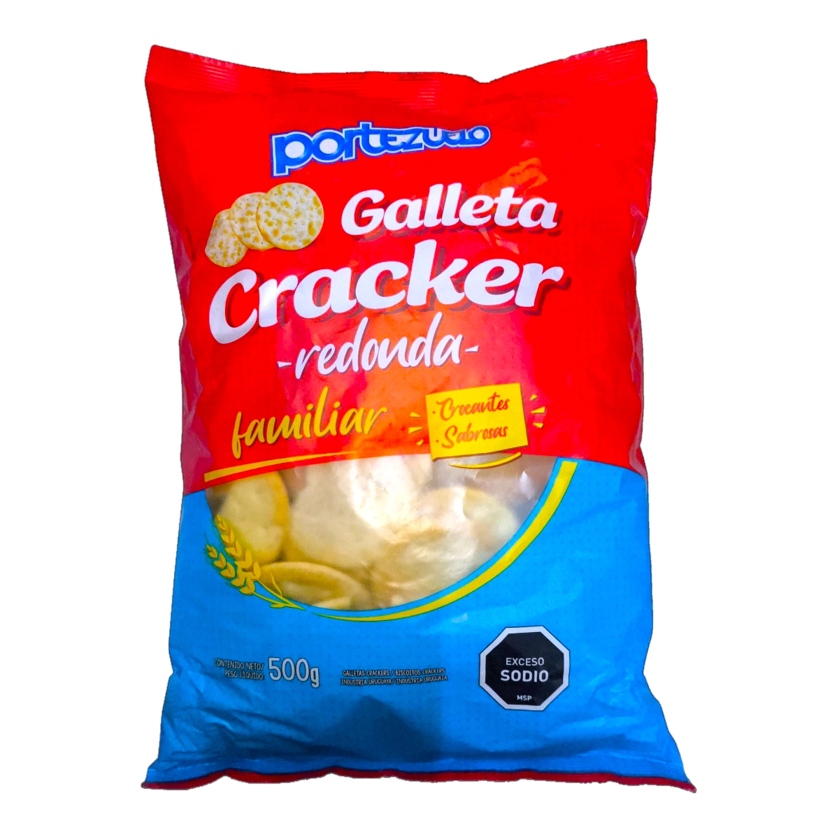 Galletas Cracker redondas Portezuelo, tamaño familiar de 500g, con sello de exceso de sodio