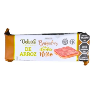 Paquete de Galletas de Arroz Bañadas DELUXE sabor Chocolate Negro de 115g, disponible en Súper Práctico Salto.
