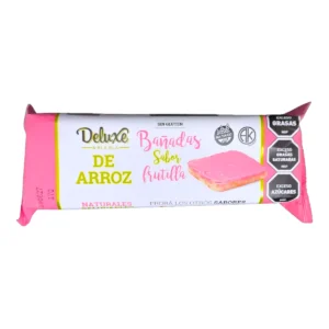 Paquete de Galletas de Arroz Bañadas DELUXE sabor Frutilla de 115g, disponible en Súper Práctico Salto.