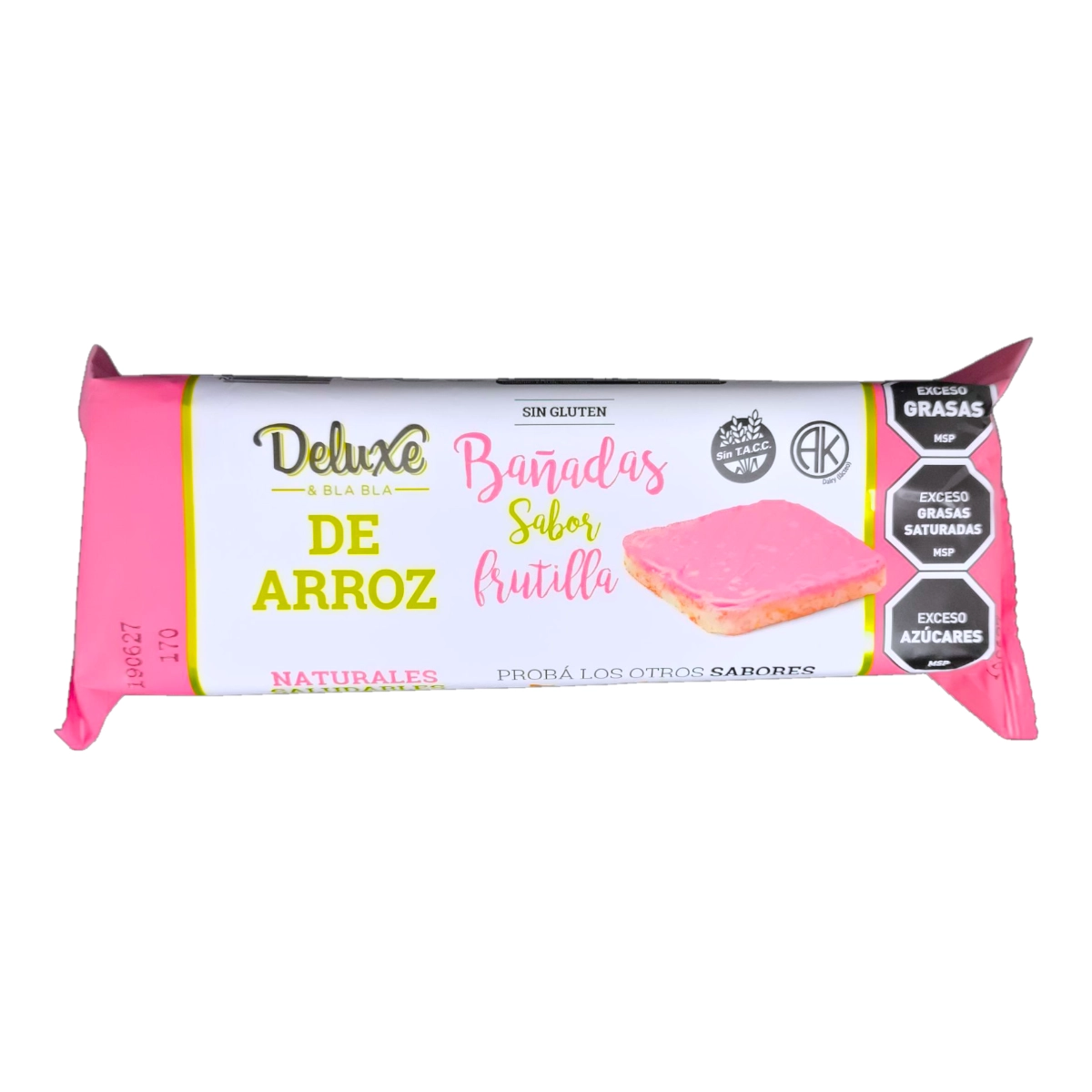 Paquete de Galletas de Arroz Bañadas DELUXE sabor Frutilla de 115g, disponible en Súper Práctico Salto.