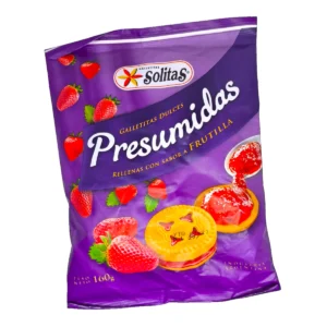 Paquete de Galletitas PRESUMIDAS sabor Vainilla Rellenas con Frutilla de 160g.