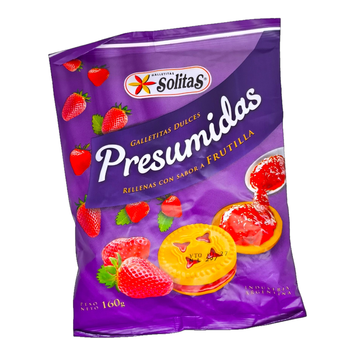 Paquete de Galletitas PRESUMIDAS sabor Vainilla Rellenas con Frutilla de 160g.