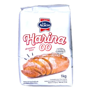 Paquete de Harina de trigo 00 Las Acacias de 1kg para panadería y pizzas.