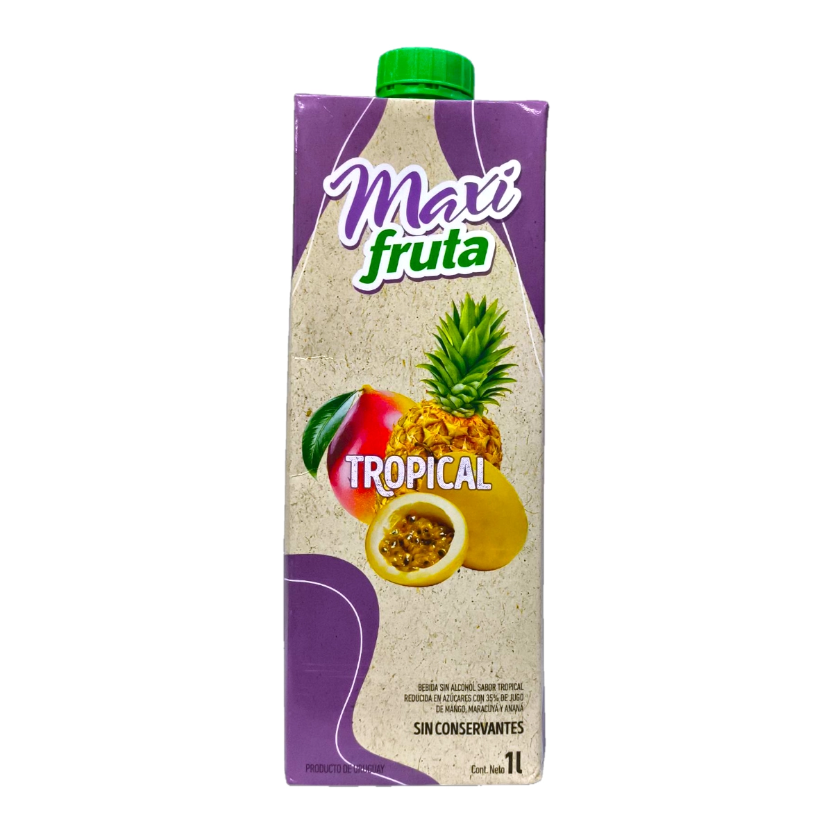 Envase de Jugo MAXIFRUTA 1L sabor Tropical con tapa a rosca.