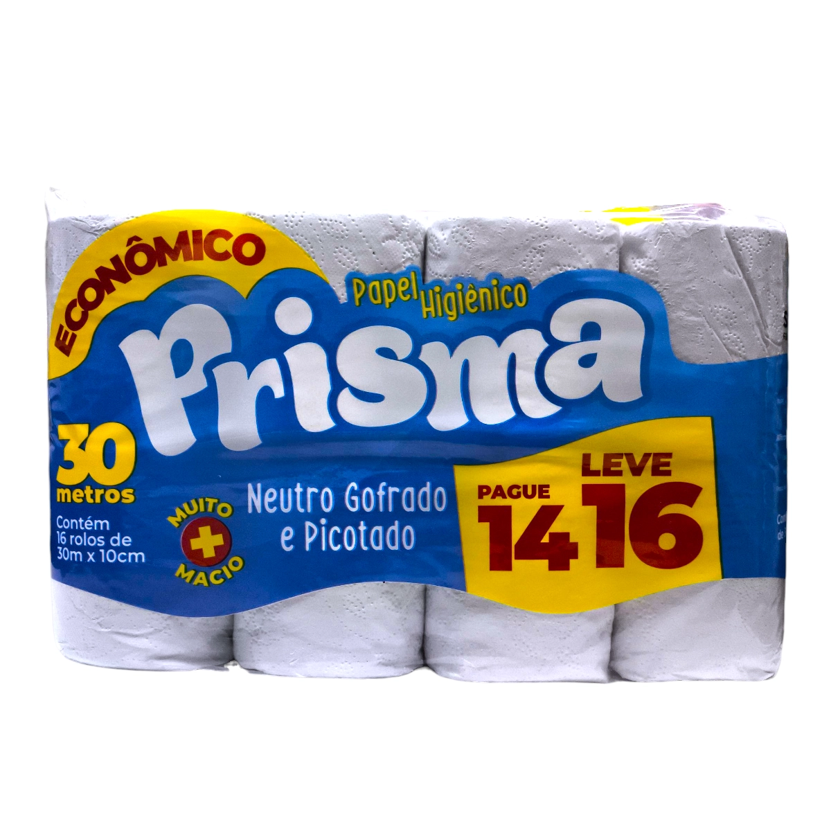 Paquete de Papel Higiénico Prisma 30mts X 16 Rollos, suave y rindiendo.
