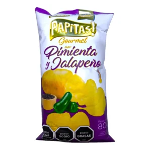 Papitas! Gourmet sabor Pimienta y Jalapeño, bolsa de 80g con sellos de exceso en grasas y sodio