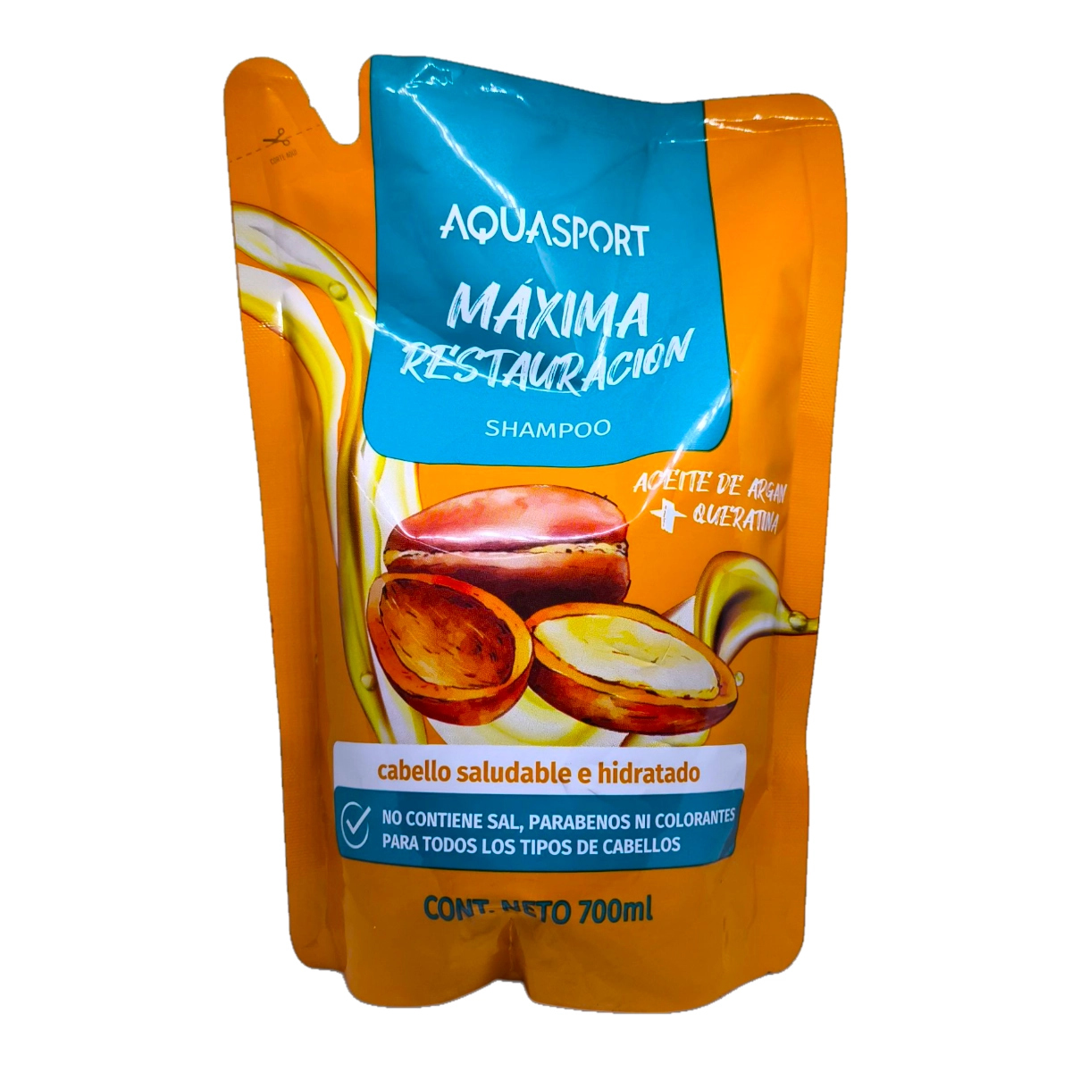 Envase familiar de Shampoo AQUASPORT de 700mL con fórmula Máxima Restauración.