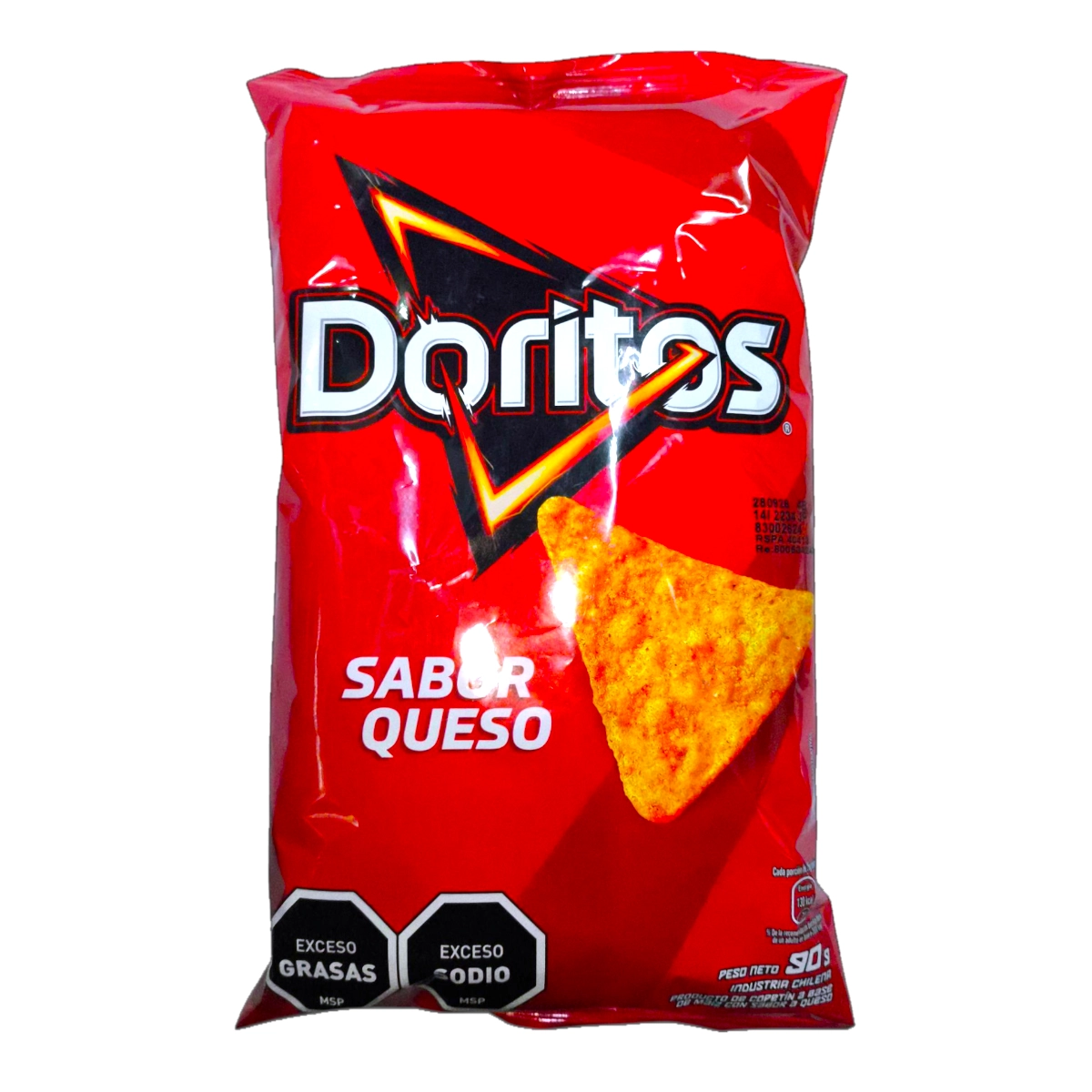 Bolsa de Doritos sabor queso de 90g con sellos de advertencia por exceso de grasas y sodio
