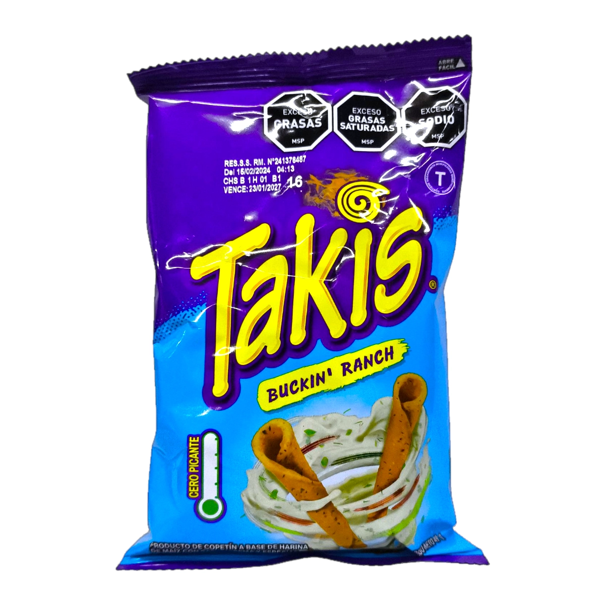 Paquete de Snack TAKIS 49g Buckin Ranch, tortillas de maíz enrolladas sabor aderezo ranch.