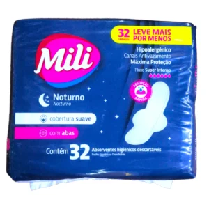 Paquete de Toallas Femeninas Mili Nocturna de 32 unidades con alas.