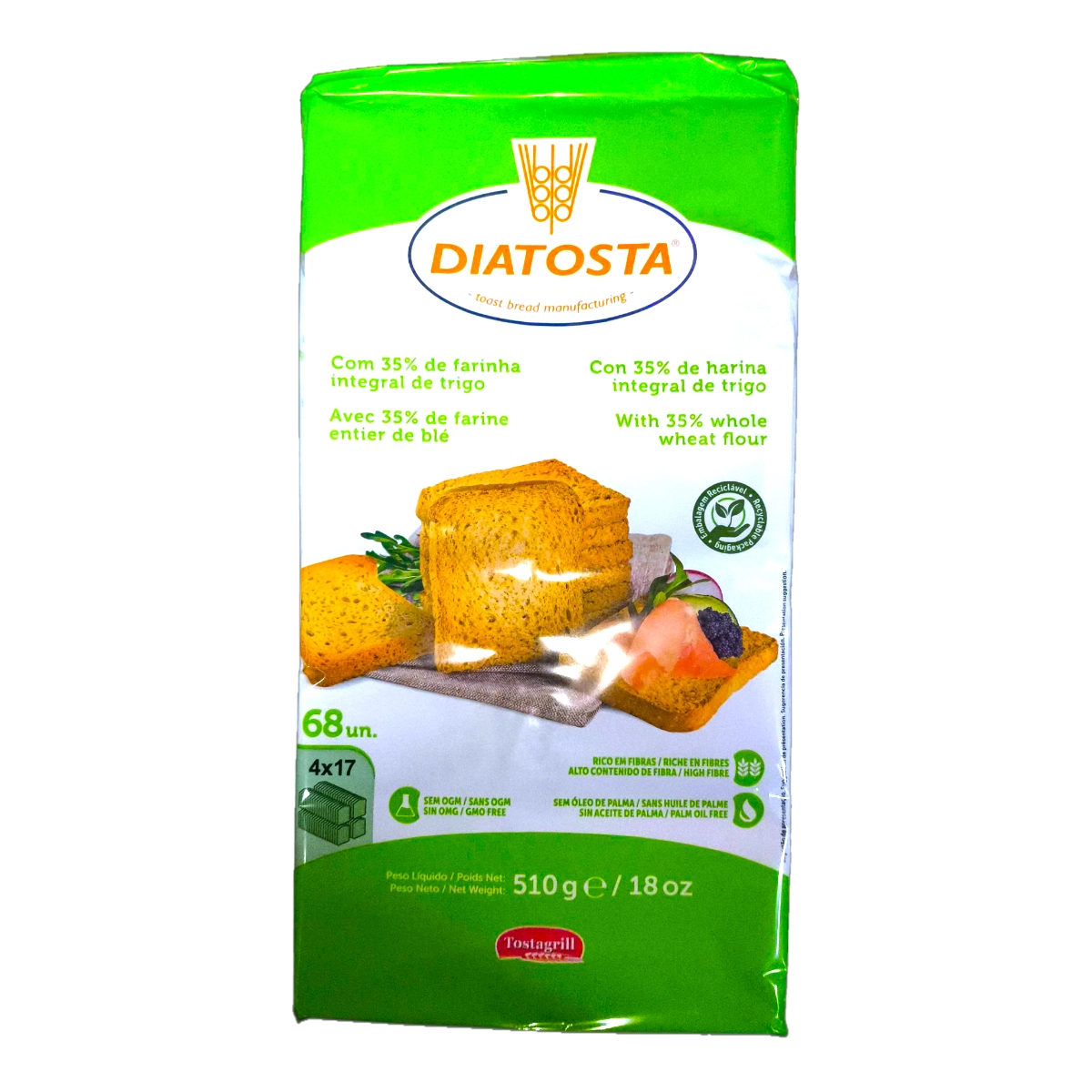 Paquete familiar de Tostadas Diatosta Integrales de 510g, disponible en supermercado Súper Práctico Salto.