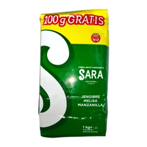 Paquete de Yerba SARA 1Kg más 100g con Jengibre, Melisa y Manzanilla.