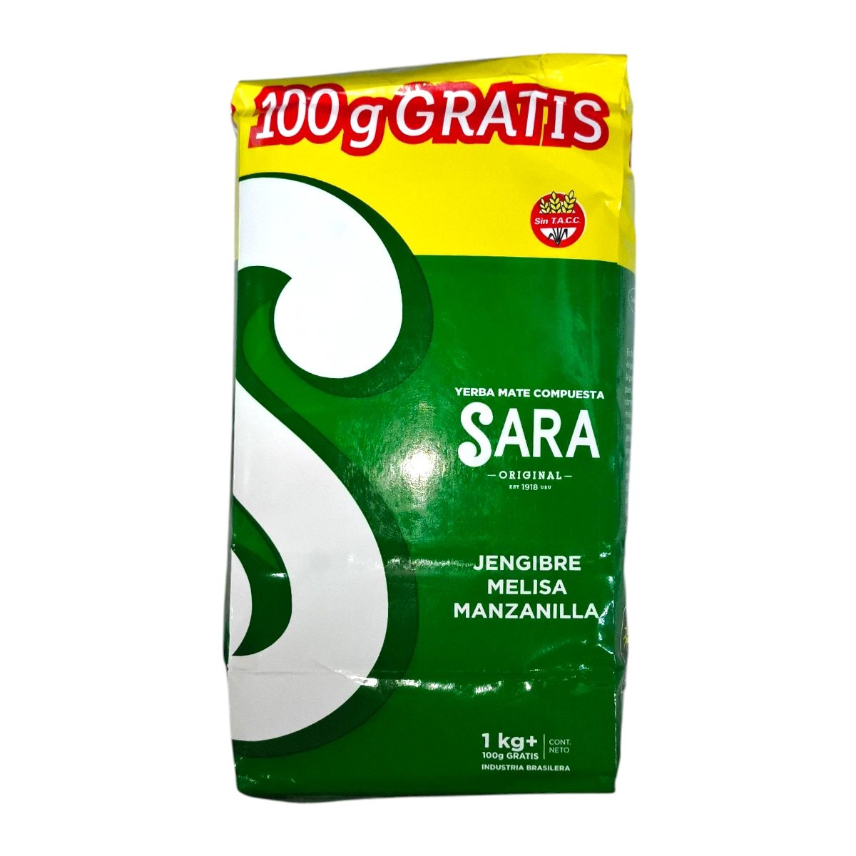 Paquete de Yerba SARA 1Kg más 100g con Jengibre, Melisa y Manzanilla.