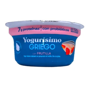 Pote de Yogur GRIEGO YOGURISIMO 125g sabor Frutilla, ideal para desayunos.