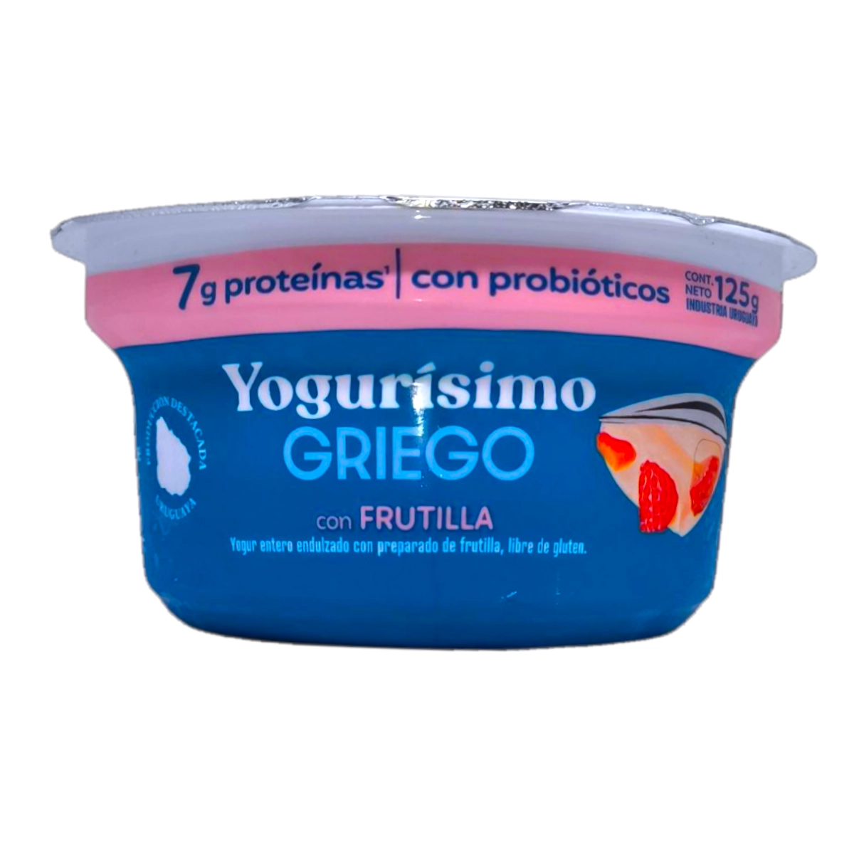 Pote de Yogur GRIEGO YOGURISIMO 125g sabor Frutilla, ideal para desayunos.