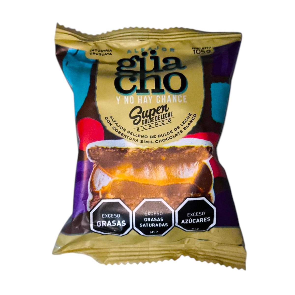 Envoltorio del Alfajor GUACHO de 105g bañado en Chocolate Blanco.