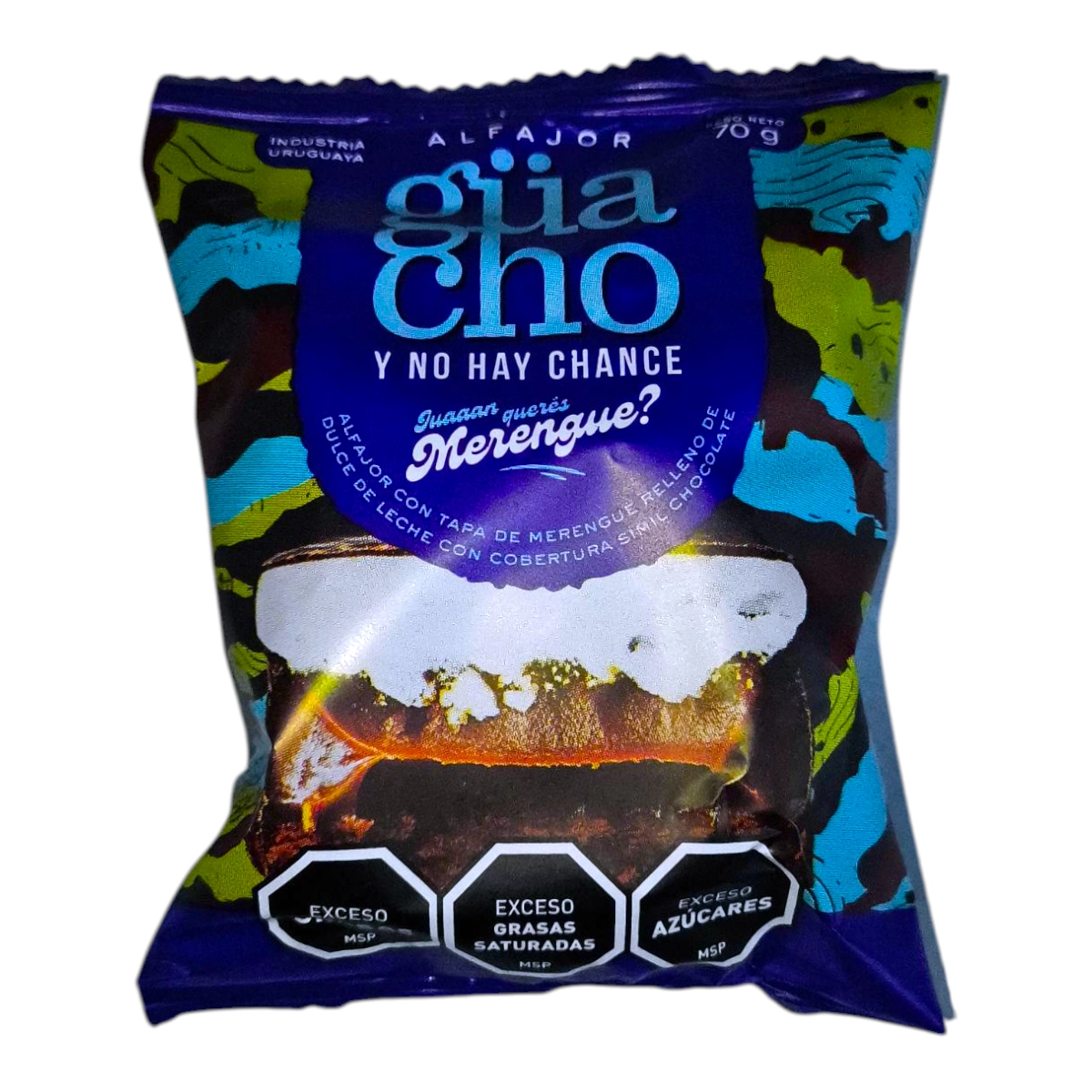 Envoltorio del Alfajor GUACHO de 70g con baño de merengue.