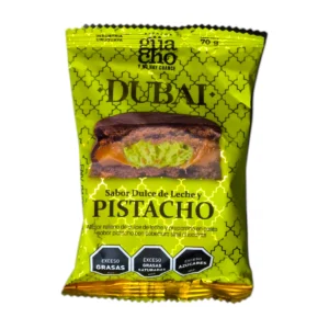 Paquete de Alfajor GUACHO DUBAI de 70g con relleno sabor pistacho y baño de chocolate.