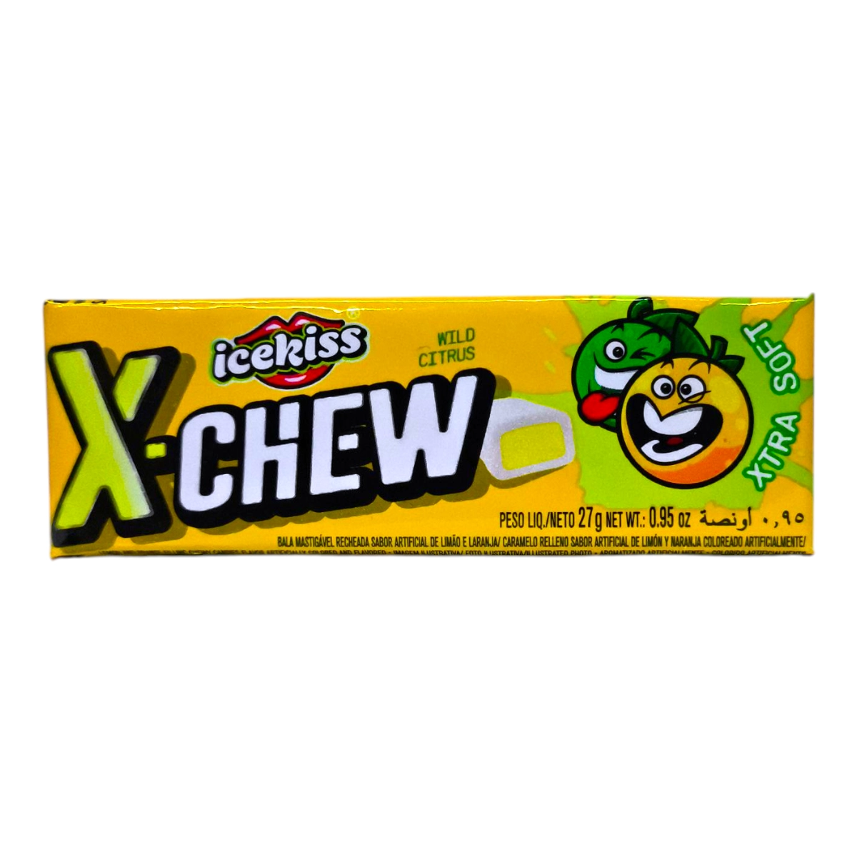 Paquete individual de Caramelos X-CHEW 27g sabor Limón y Naranja.