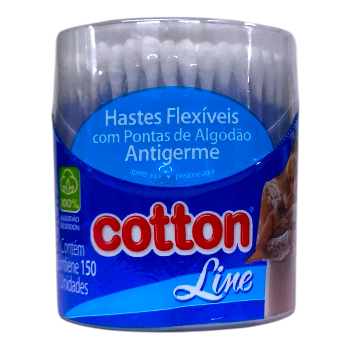Pote de Hisopos COTTON LINE 150 unidades de puro algodón para higiene personal.