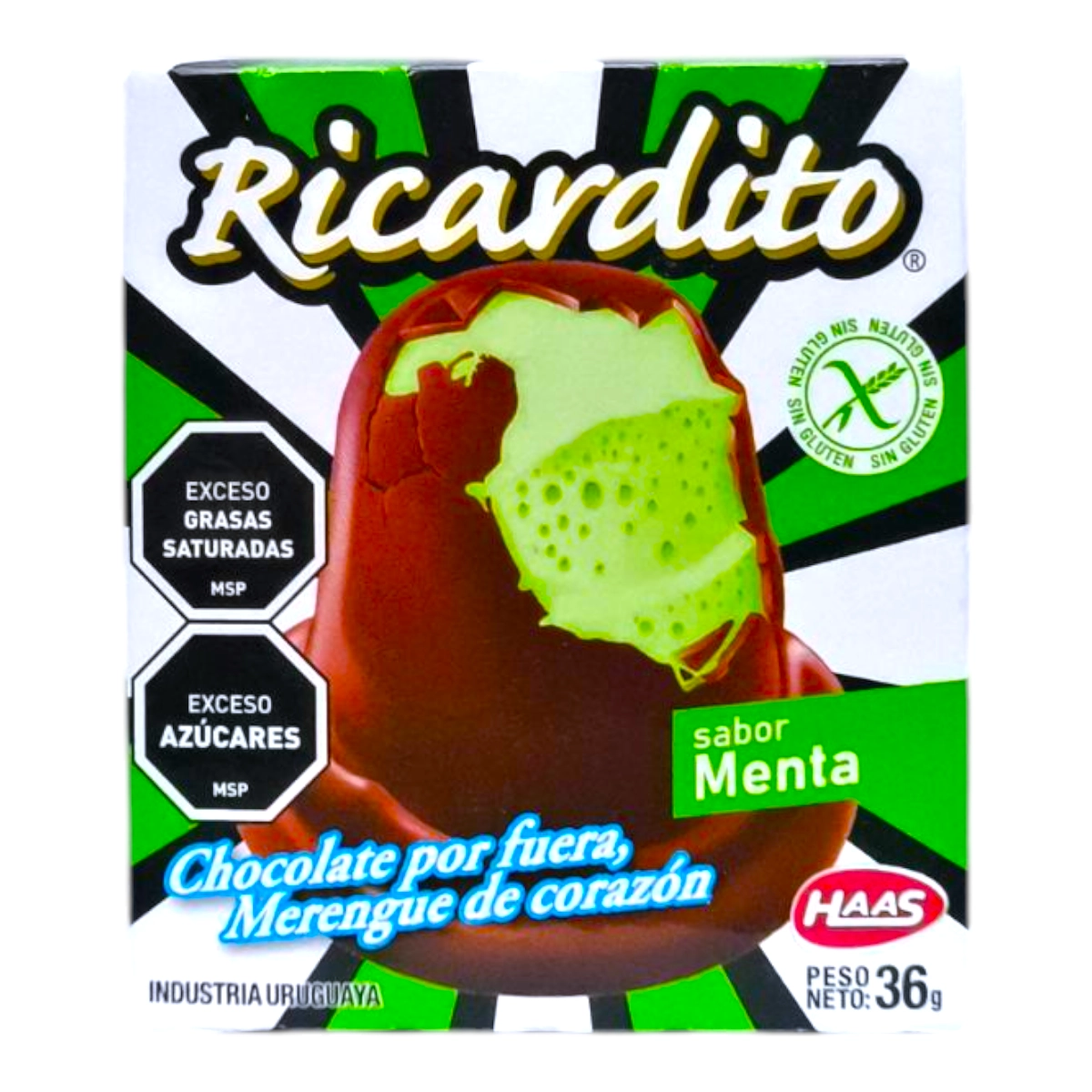 Paquete de Merengue RICARDITO 36g Menta con cobertura de chocolate.